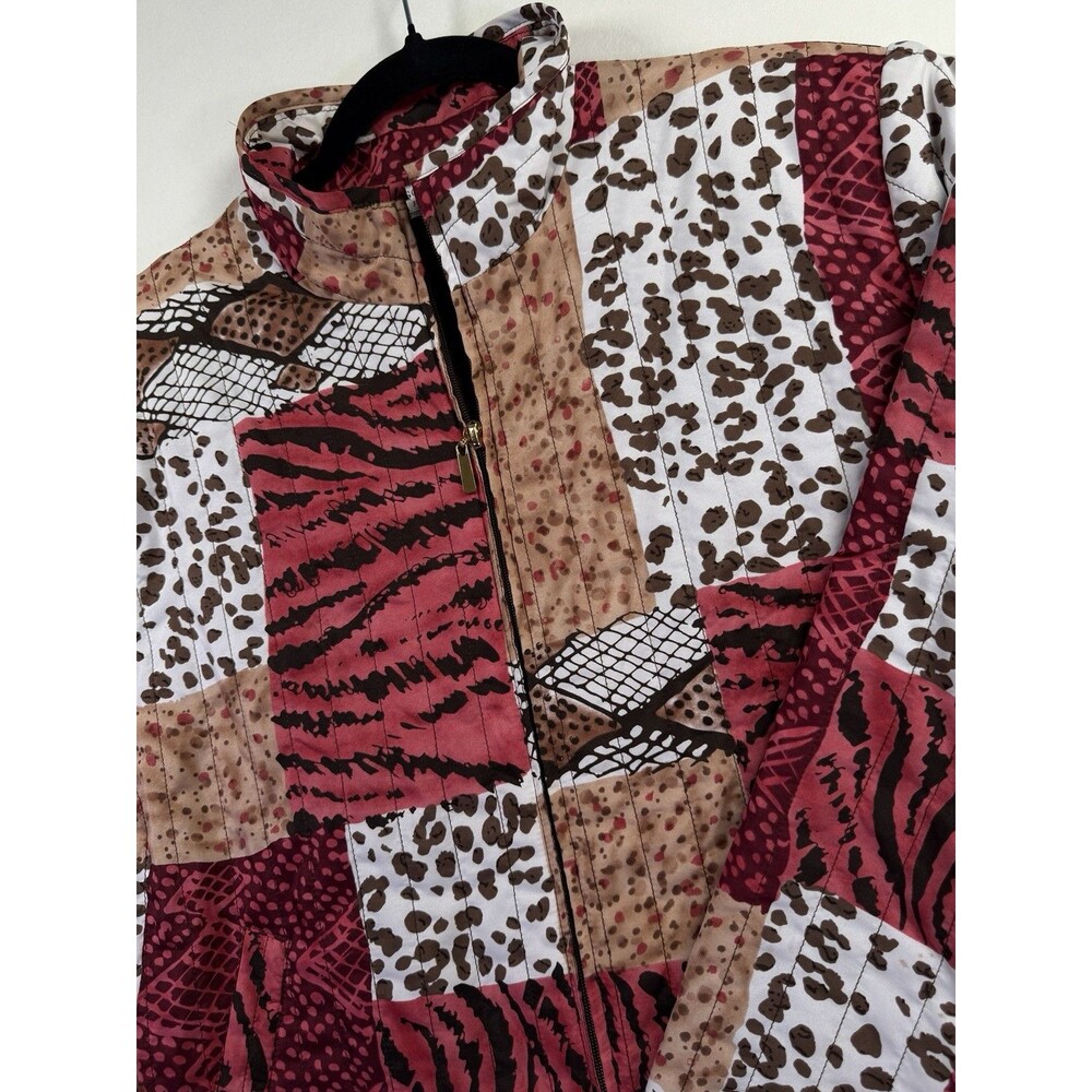Allison Daley Petite Animal Print Quilted Zip Jacket Pink Brown Patchwork